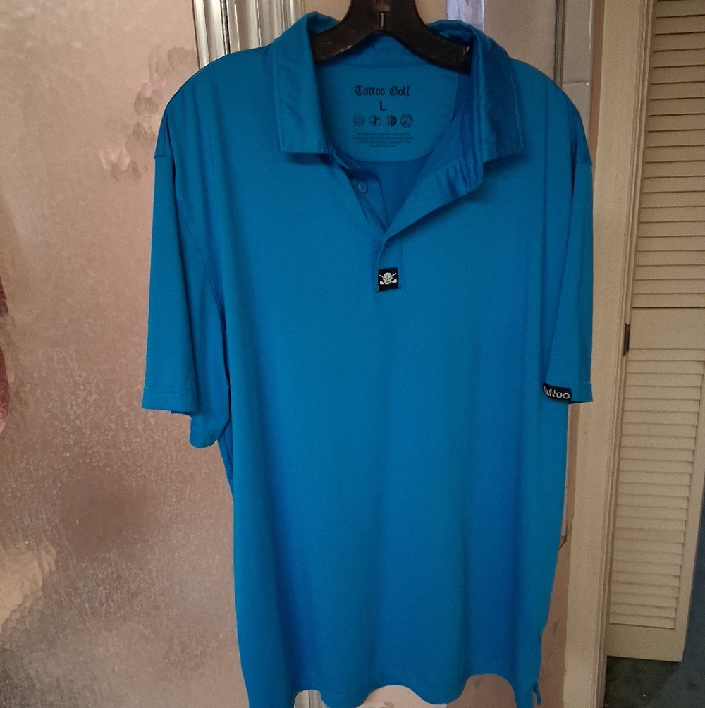 Tattoo Golf Men's Large Turquoise Blue Polo Shirt Skull And Clubs